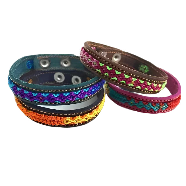 Colorful adjustable leather friendship bracelets with handwoven bands, artisan made in Mexico