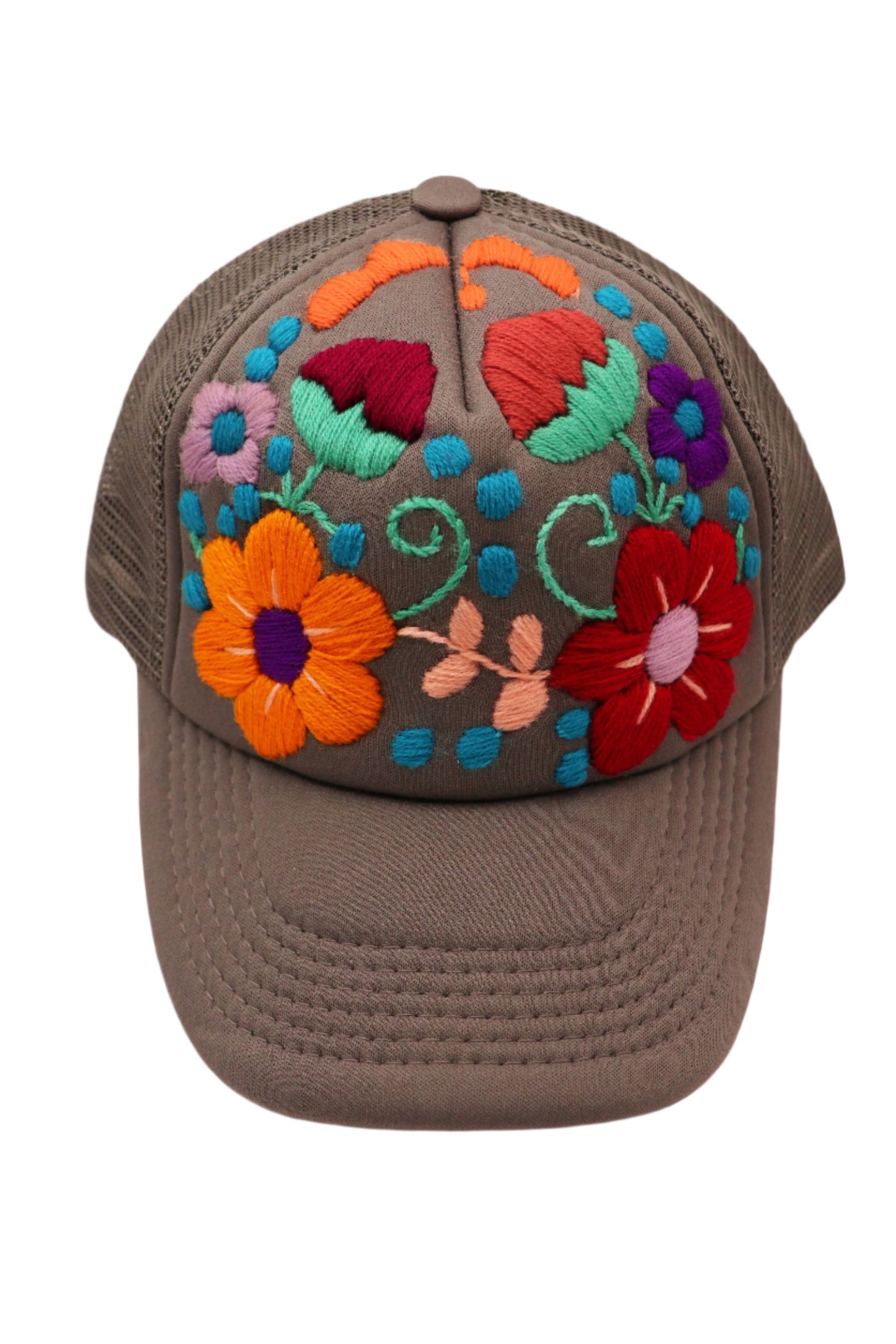 gray embroidered trucker hat