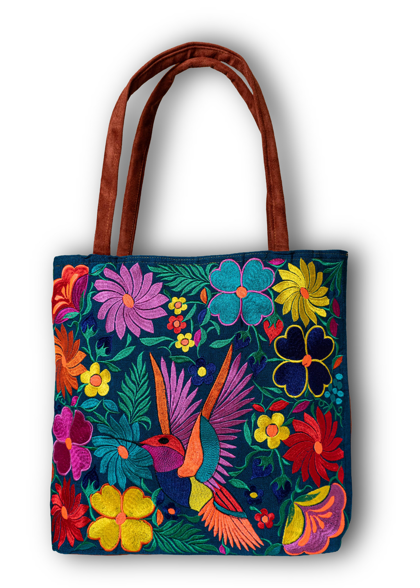 embroidered hummingbird tote bag blue floral handmade Guatemala artisan purse
