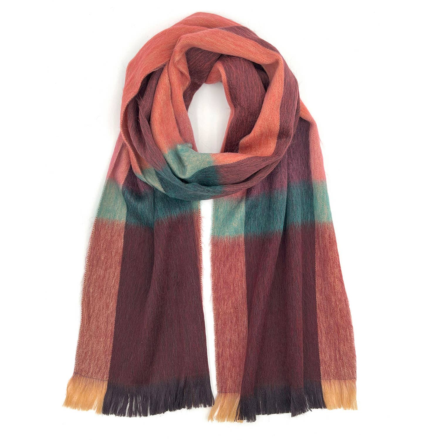 Alpaca plaid scarf in rich wine red, burnt copper and warm coral in a celebration of color. Handwoven in Peru. 