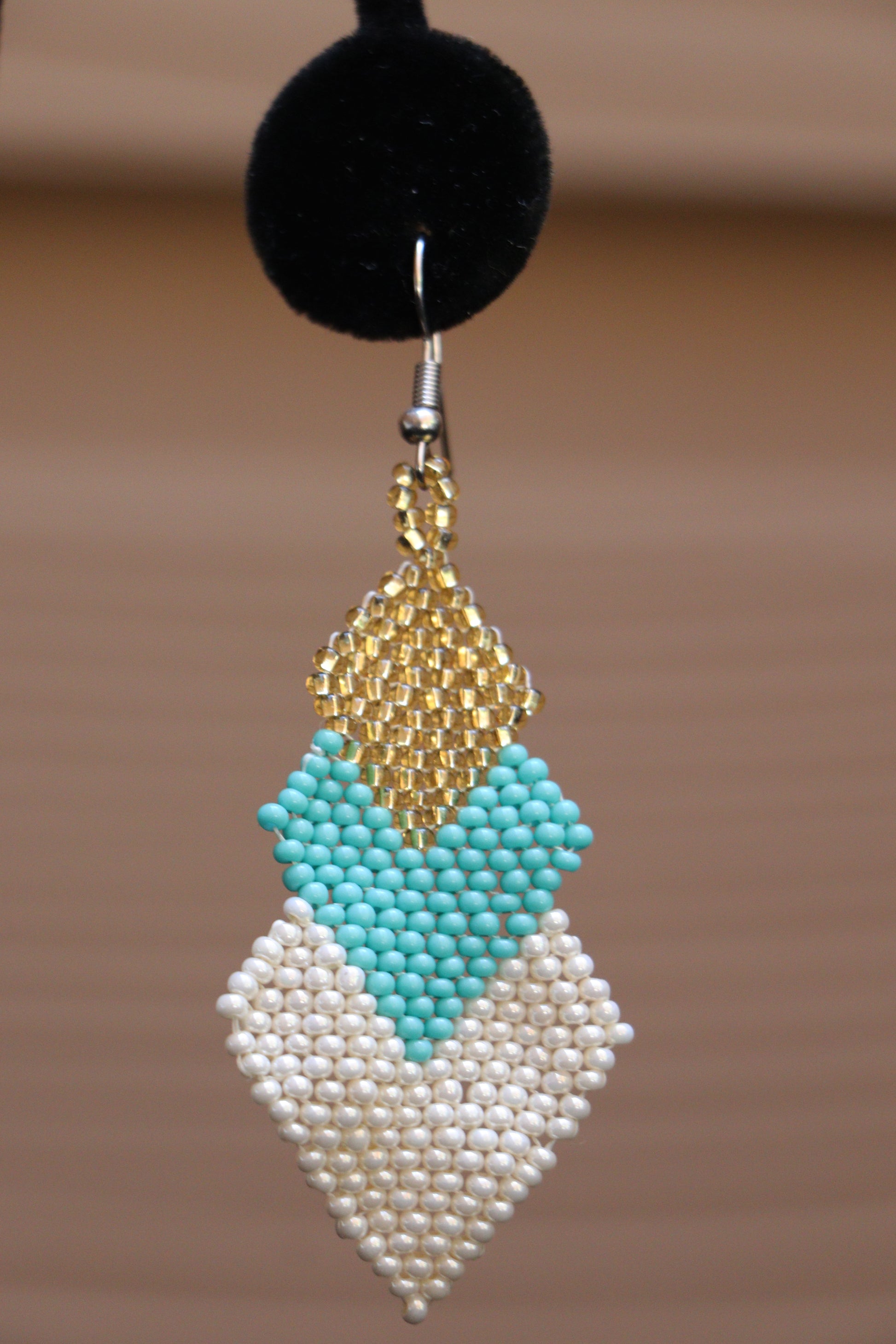 tri colored beaded earrings handmade in Mexico white turquoise gold artisan earrings