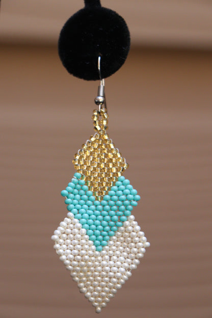 tri colored beaded earrings handmade in Mexico white turquoise gold artisan earrings