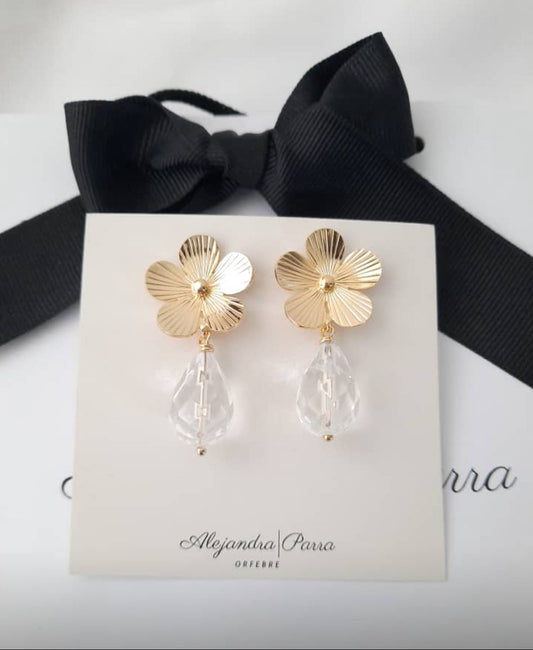 Gold plated flower crystal dangle earrings from Alejandra Parra Collection.