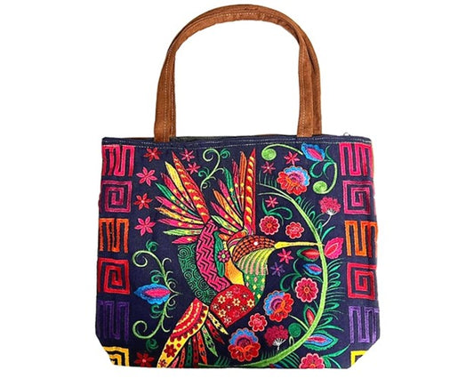 Embroidered Floral Hummingbird 3 Large Suede Purse Tote Bag