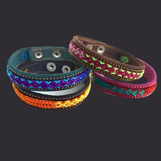 Colorful adjustable leather friendship bracelets with handwoven bands, artisan made in Mexico