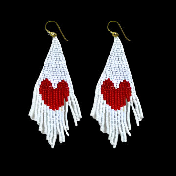 a pair of beaded heart earrings handmade fair trade red heart beaded fringe earring