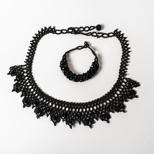 black huichol beaded necklace and bracelet set handcrafted chaquira jewelry.