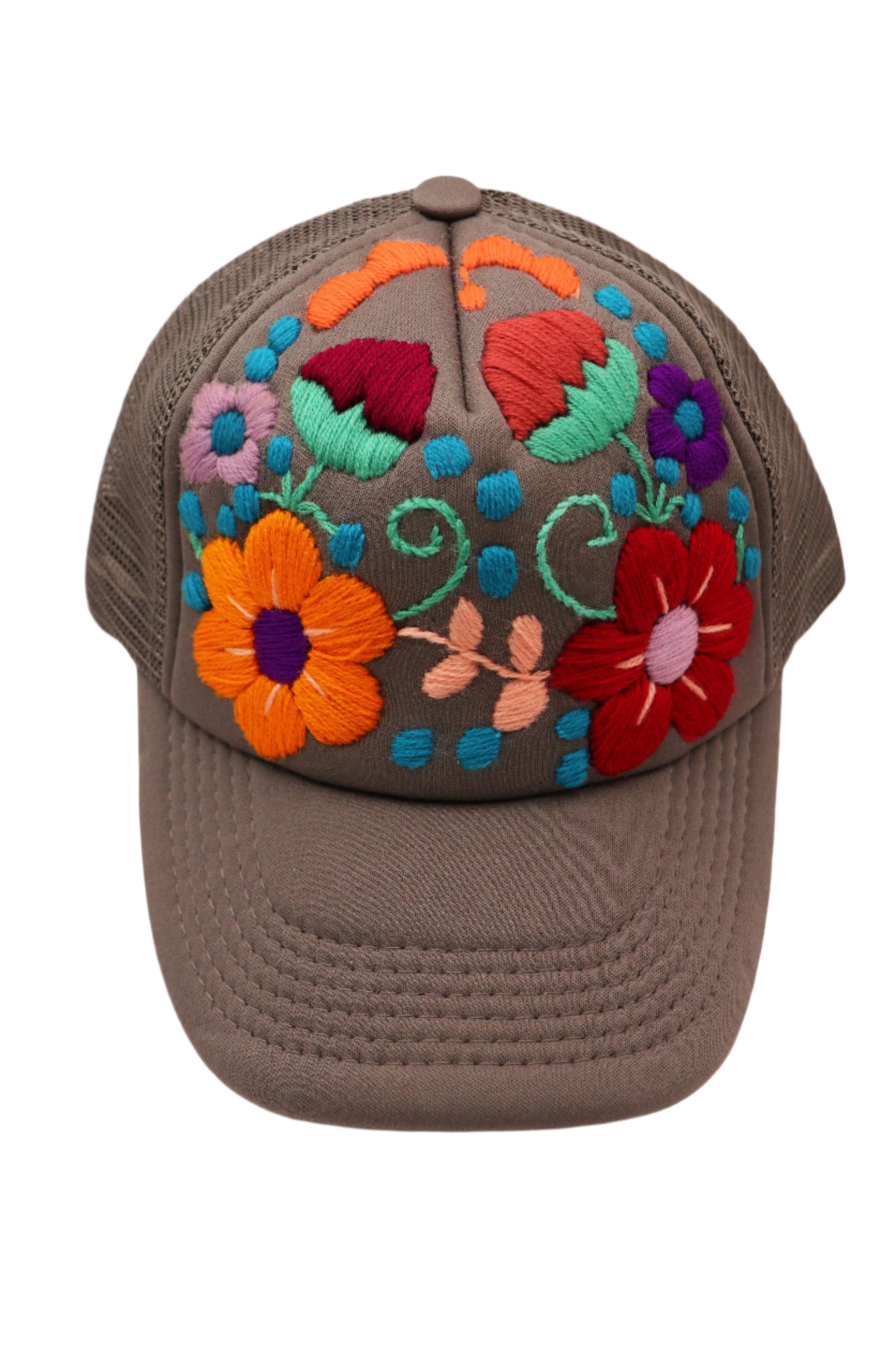 gray embroidered trucker hat