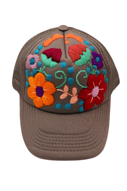 gray embroidered trucker hat