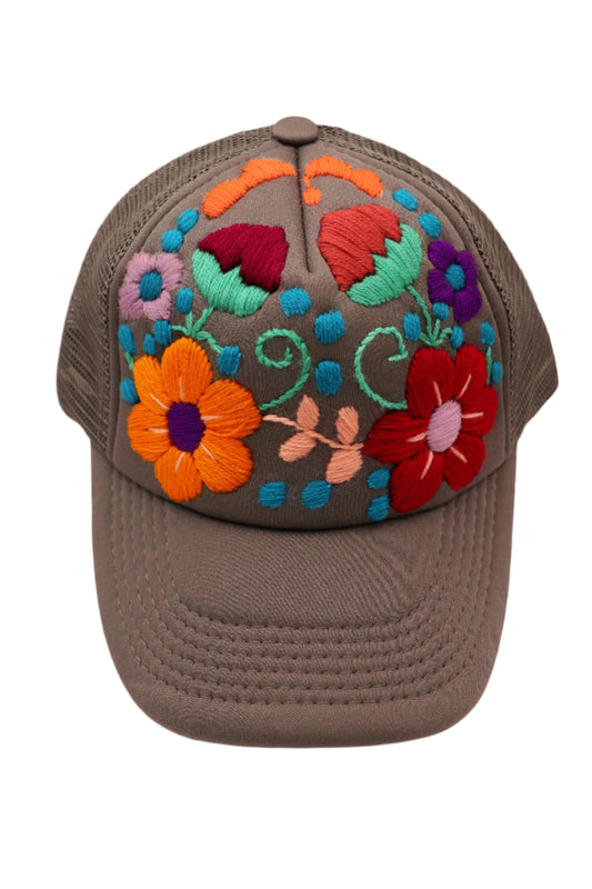 gray embroidered trucker hat