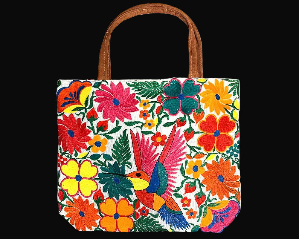 Embroidered Floral Hummingbird Large Suede Purse Tote Bag