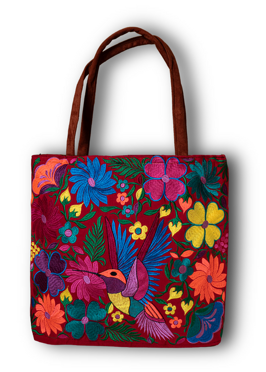 embroidered hummingbird tote bag red floral handmade Guatemala artisan purse.